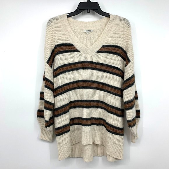 American Eagle Sweater Beige Stripe V Neck Tunic Pullover Oversize - Picture 1 of 10